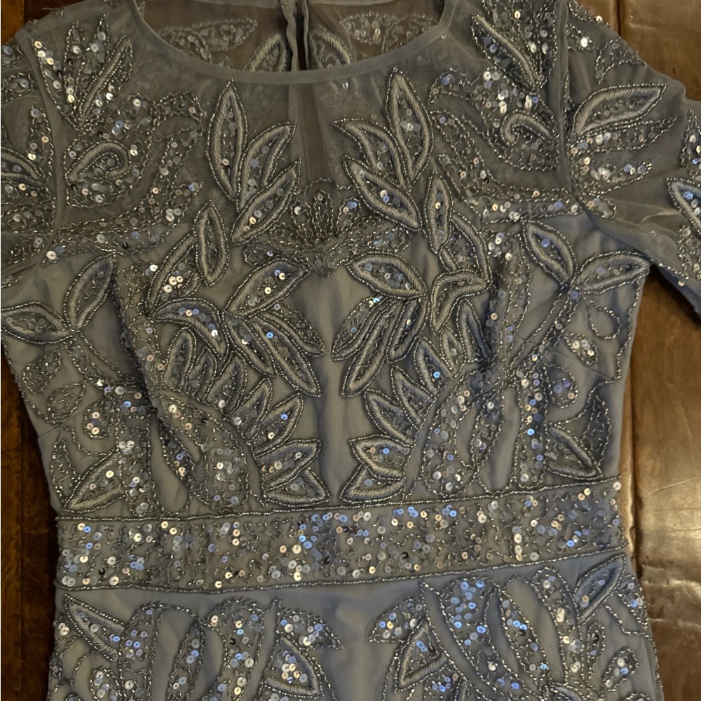 Adrianna Papell Beaded Silver Maxi Gown with sleeves - Picture 4 of 8